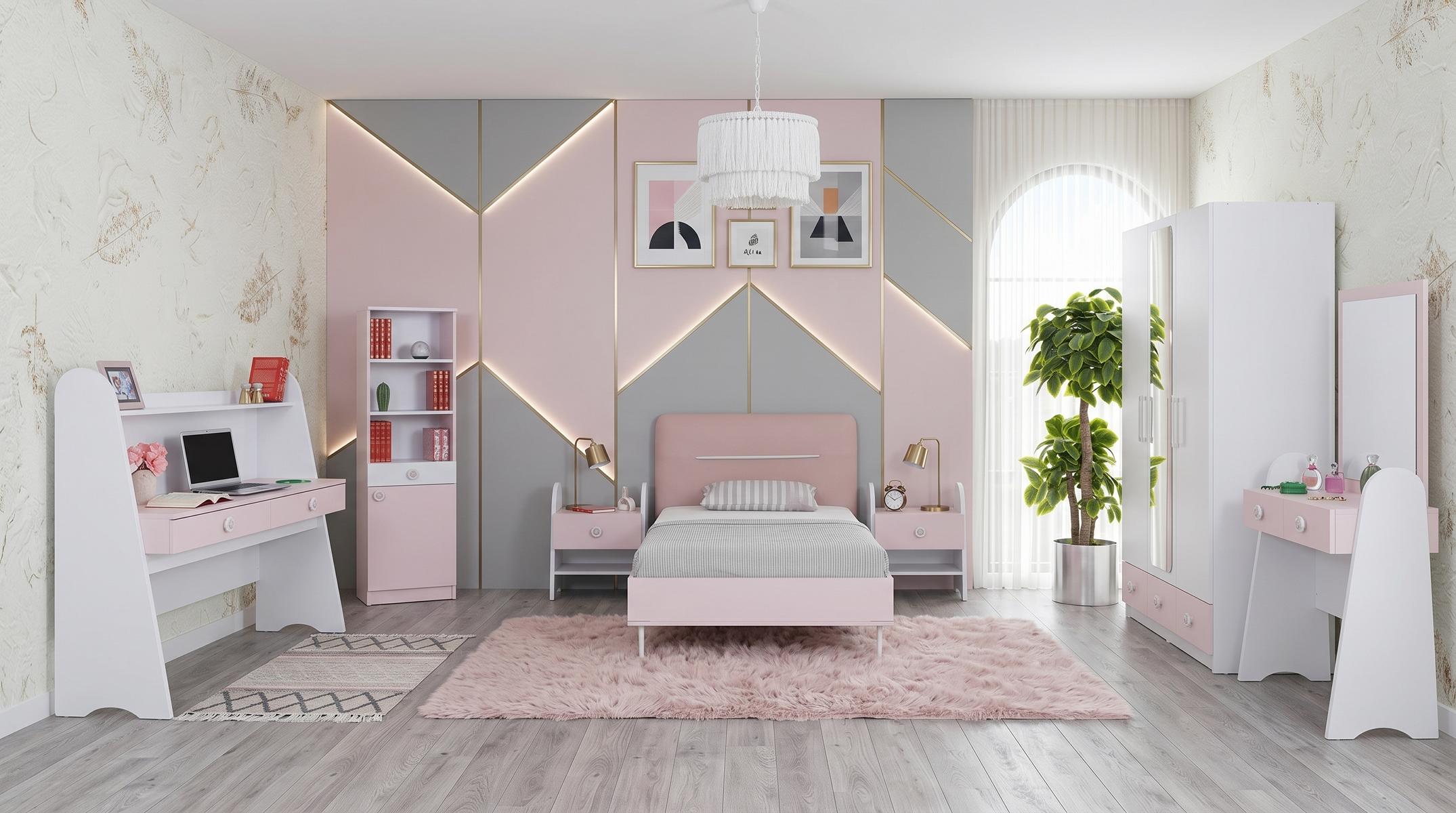 Rosa Jugendzimmer Bett Kleiderschrank Frisiertisch Nachttische Schreibtisch