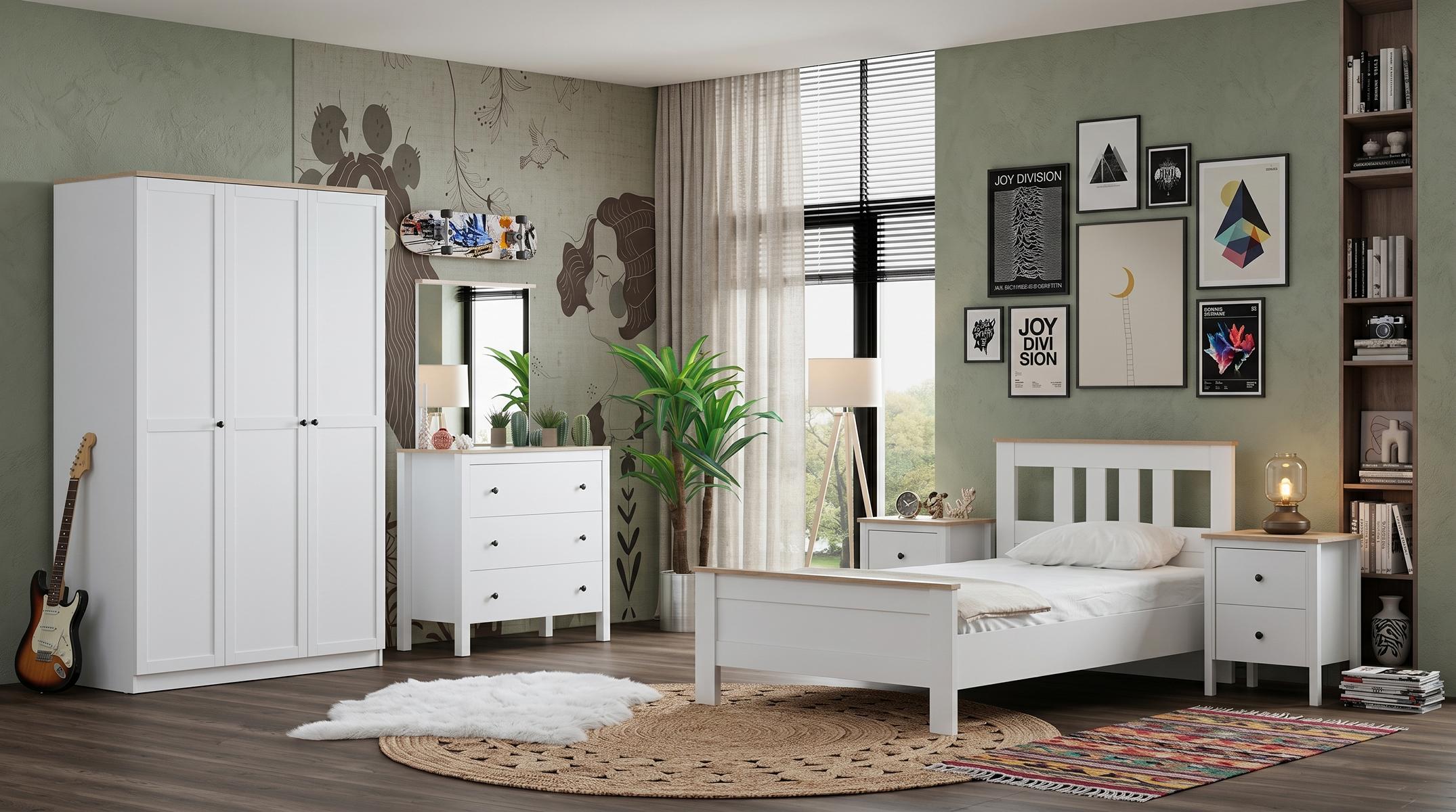 Weißes stilvolles Jugendzimmer Bett,Kleiderschrank Kommode Nachttische modern