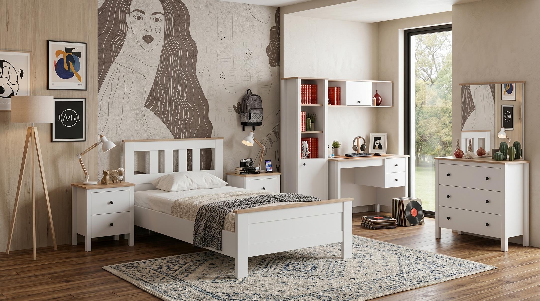 Weißes modernes Jugendzimmer Bett Kommode Nachttische Schreibtisch Bücherregal