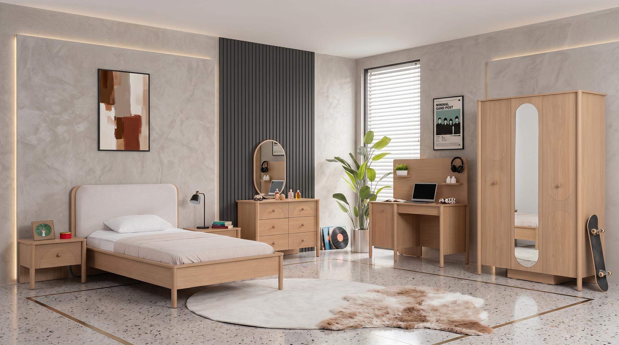 Braunes Jugendzimmer Bett Nachttische Kommode Kleiderschrank Schreibtisch