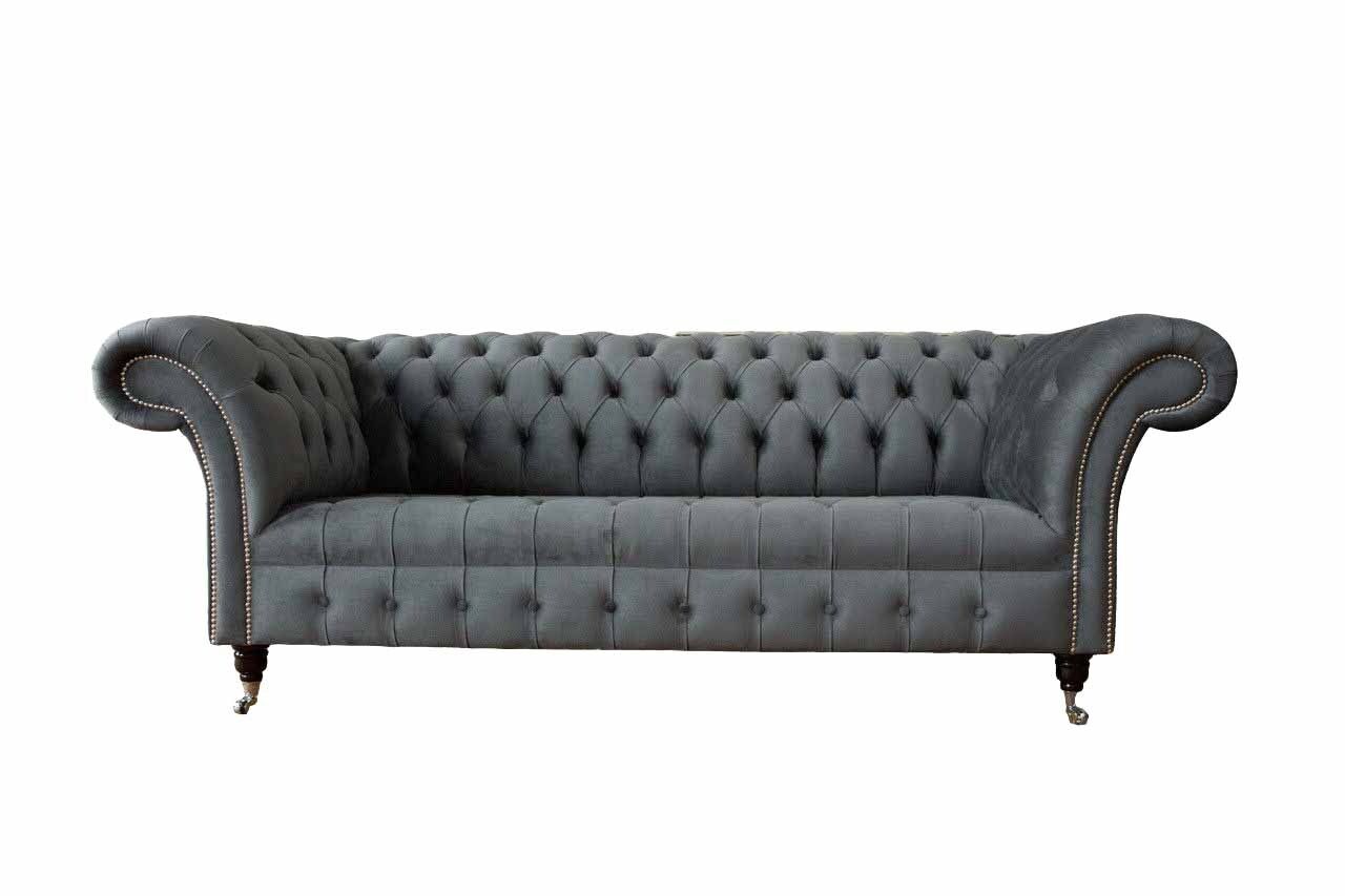 Englische Chesterfield Sofa Couch Büro Möbel Dreisitz Samt 230cm Grau