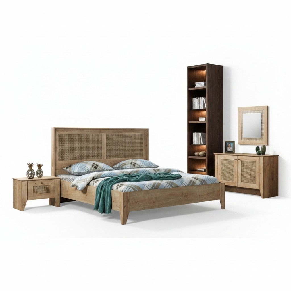 5tlg Schlafzimmer Set Bett + 2x Nachttische + Kommode + Kleiderschrank Moderne