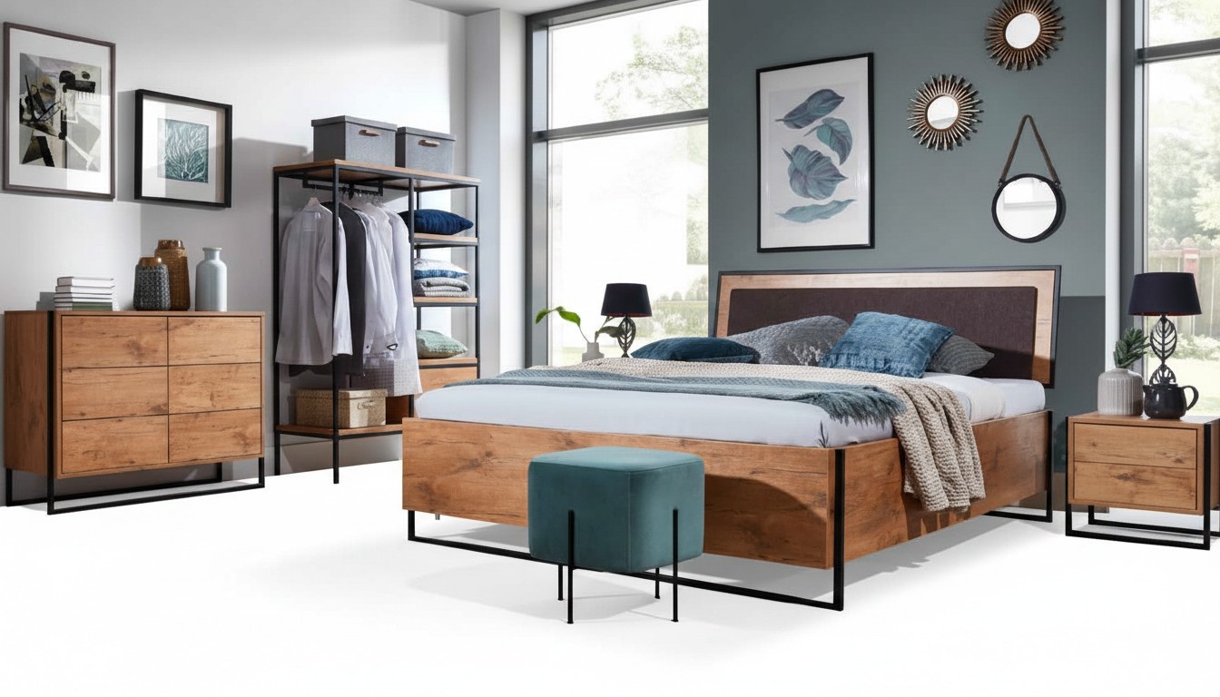 5 tlg. Komplett Set Holz Schlafzimmer Loft Stil Design Bett Kommode Schrank