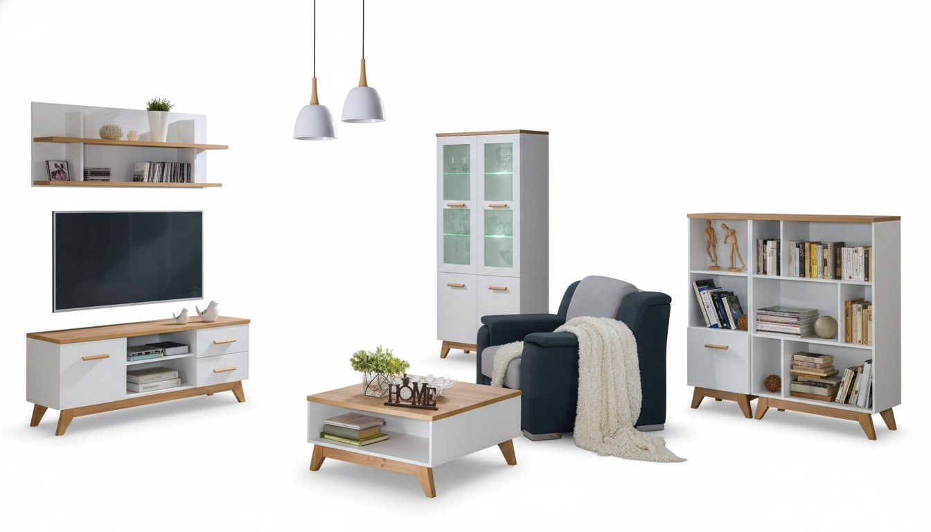 6 Teile Moderne Wohnwand Wohnzimmer Set Vitrine TV-Ständer Regal Beistelltisch