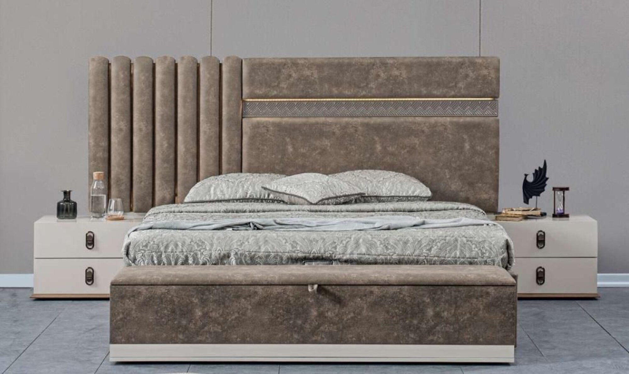 Grau Schlafzimmer Set Bett + 2x Nachttische Neue Holzmöbel Garnitur