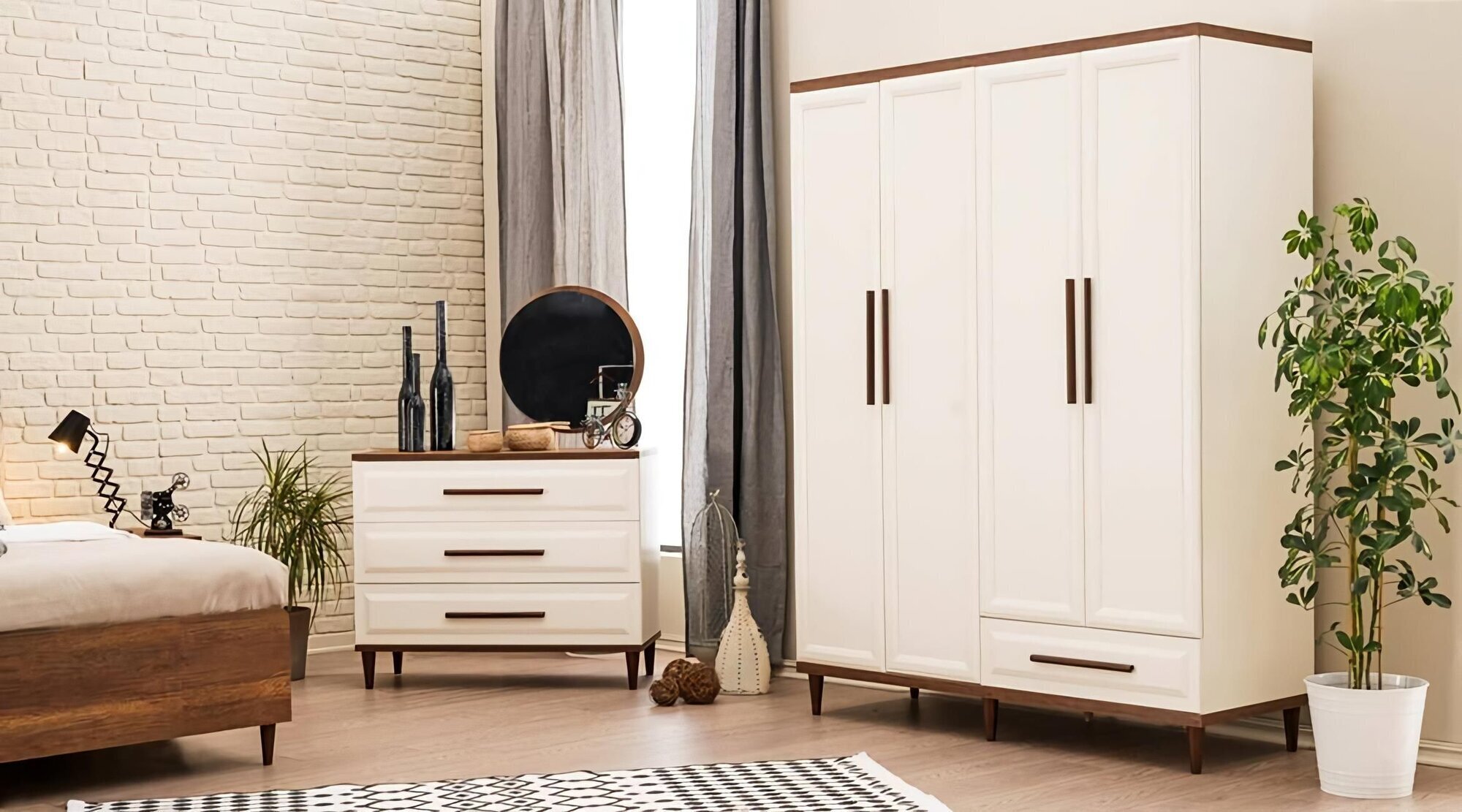 Schlafzimmer Set 3tlg Holzmöbel Kommode + Spiegel Modern Kleiderschrank