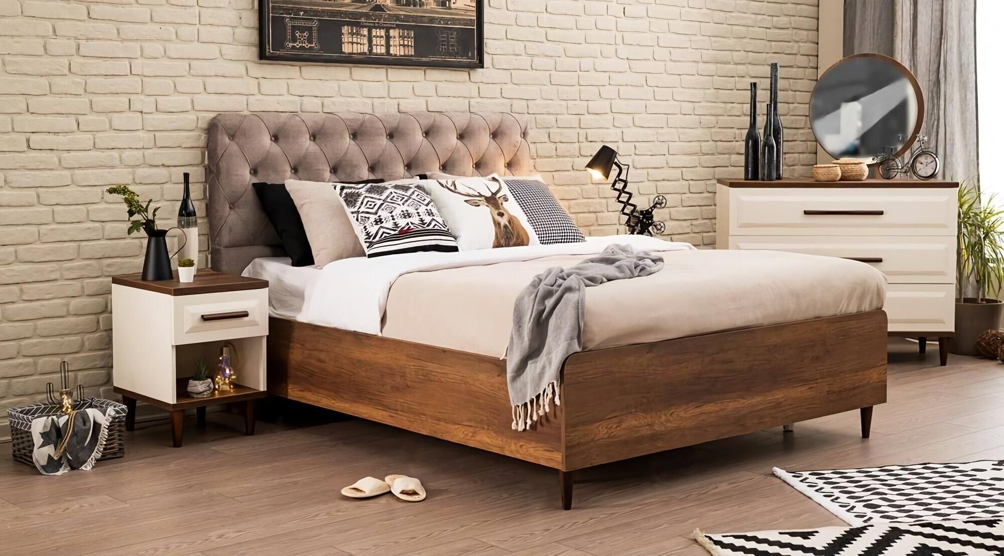 Design Holzmöbel Schlafzimmer Set 5tlg Bett 2x Nachttische Kommode mit Spiegel