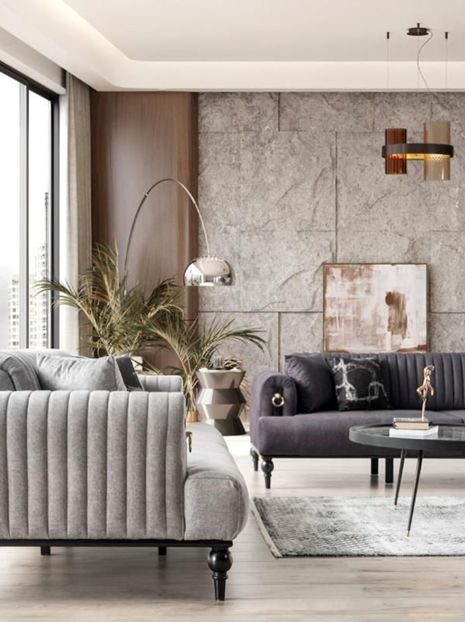Elegante Sofagarnitur 3+3+1 Sitzer Luxuriöse Wohnlandschaft Stil Komfort Grau