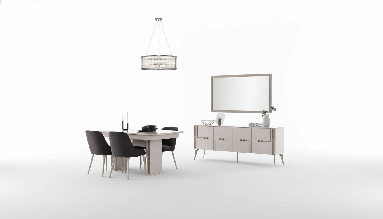 Altweiße Esszimmer Garnitur Großer Esstisch 4x Textil Stühle Sideboard