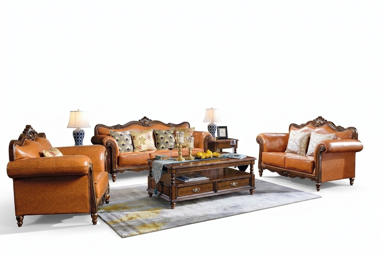 Amerikanische Sofagarnitur Ledersofa Couch Polster 321 Holz Sitzer