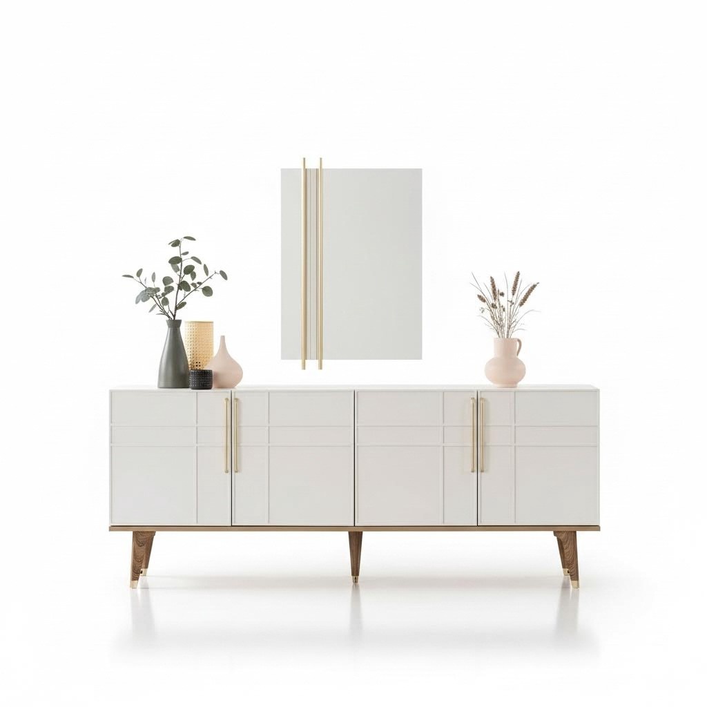 Anrichte Garnitur Sideboard mit Spiegel Kommoden Esszimmer Holz Weiß