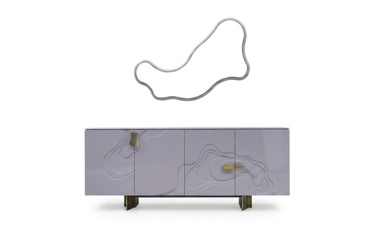Anrichte Garnitur Sideboard mit Spiegel Schrank Holz Rosa Esszimmer
