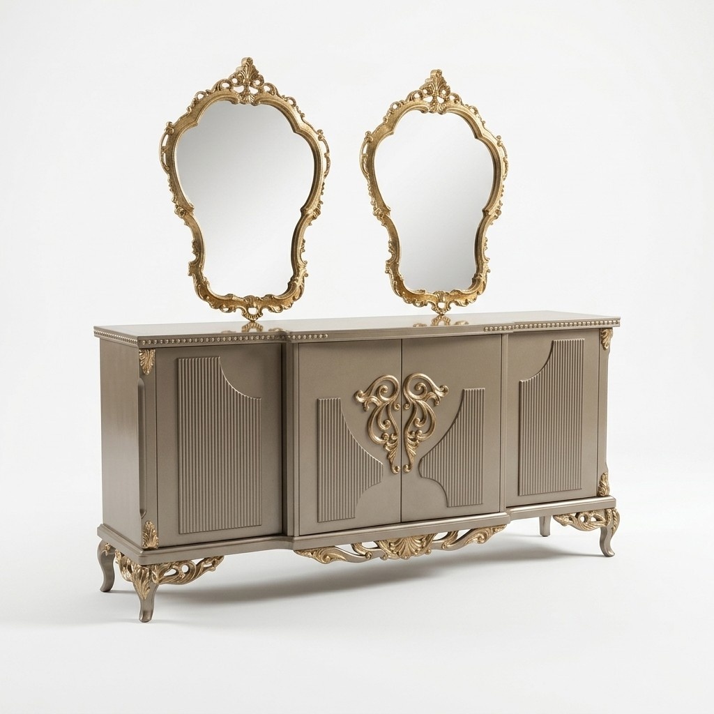 Anrichte mit Spiegel Taupe Braun Holz Schrank Sideboard Anrichten 2tlg