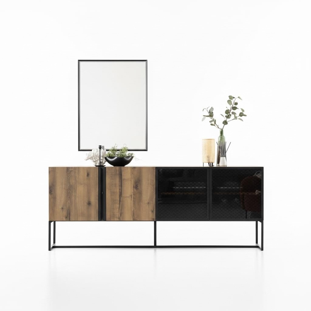 Anrichte Sideboard mit Spiegel Gruppe Kommode Holz Braun Esszimmer