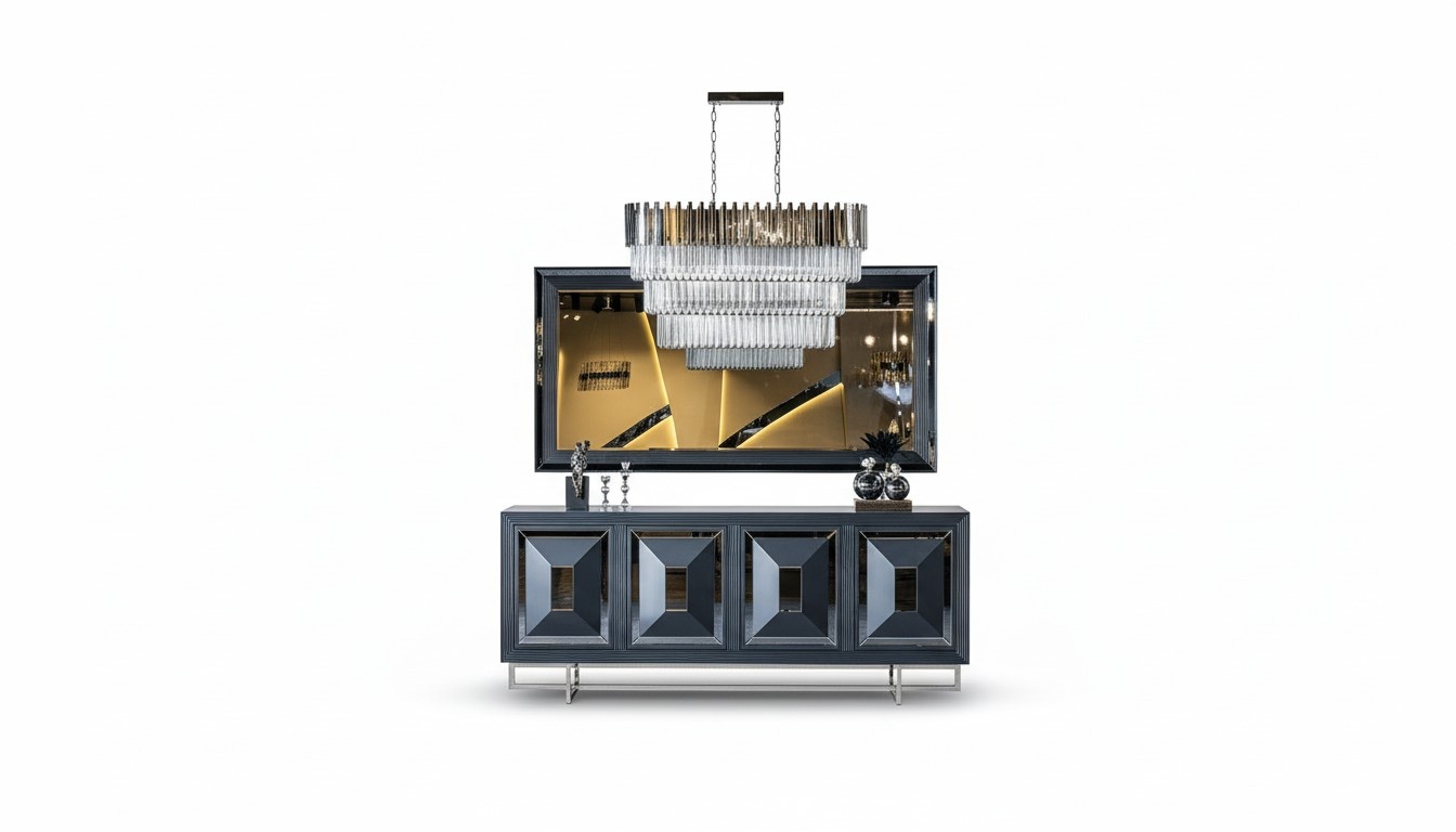 Anrichte Spiegel Wohnzimmer grau Kommode Holz Metall Stil Modern Schrank