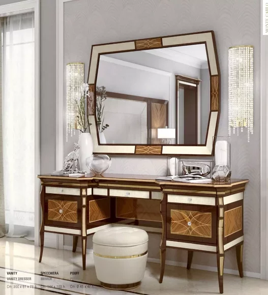 Gruppe Schminktisch Spiegel Hocker Luxus Holz 3tlg Braun Schlafzimmer