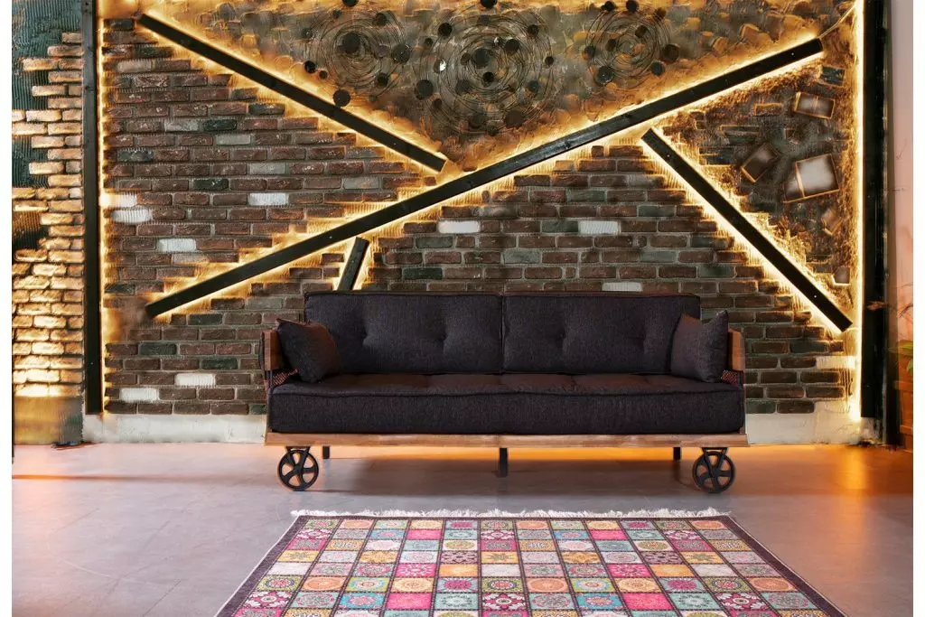 Schwarze Stoff Couch auf Rädern Loft Design mit Holz Korpus Sofa Möbel