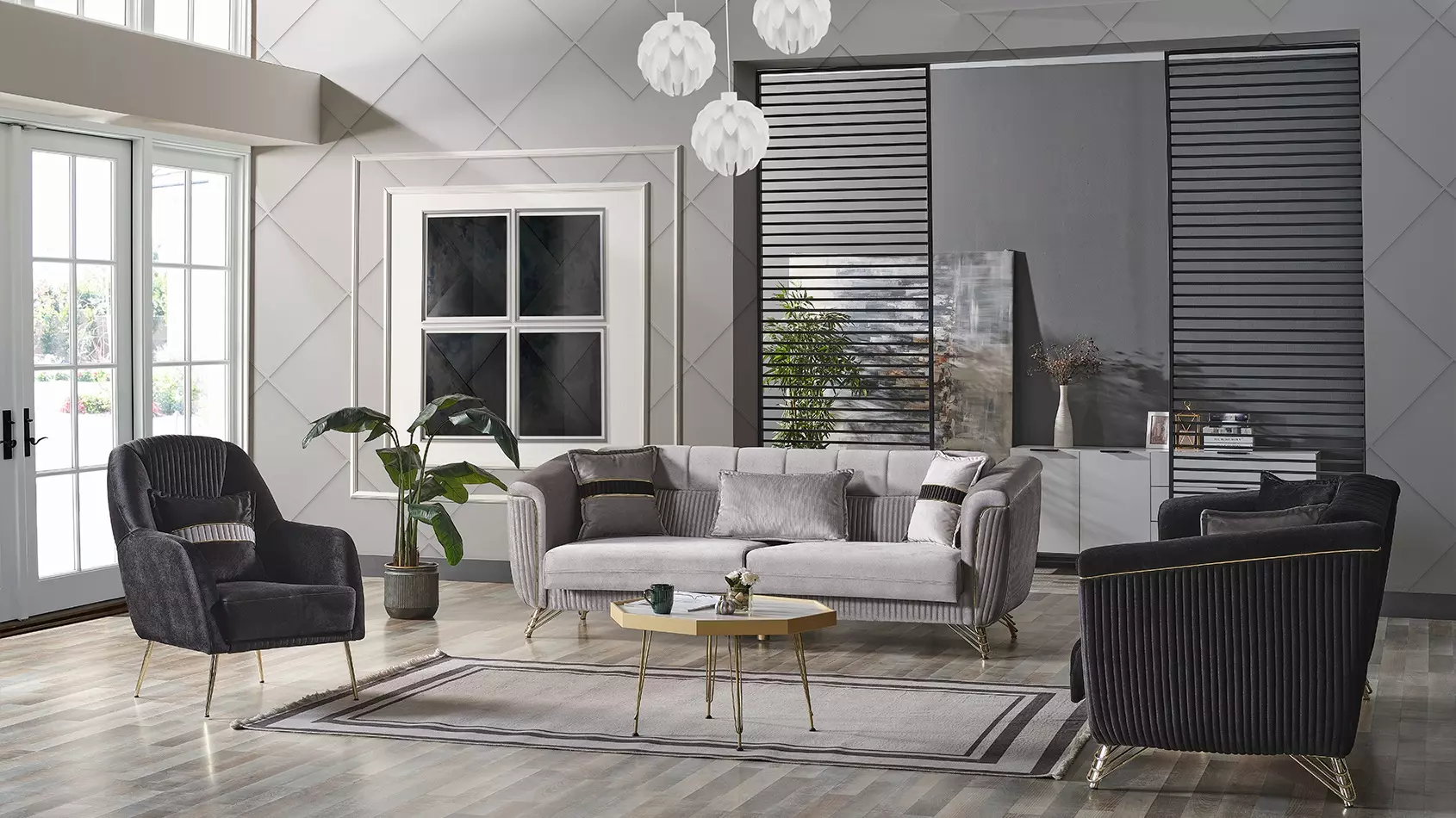 Sofagarnitur 3+3+1 Sitzer Textil Holz Sofa 3 Sitzer Sessel Komplett Set