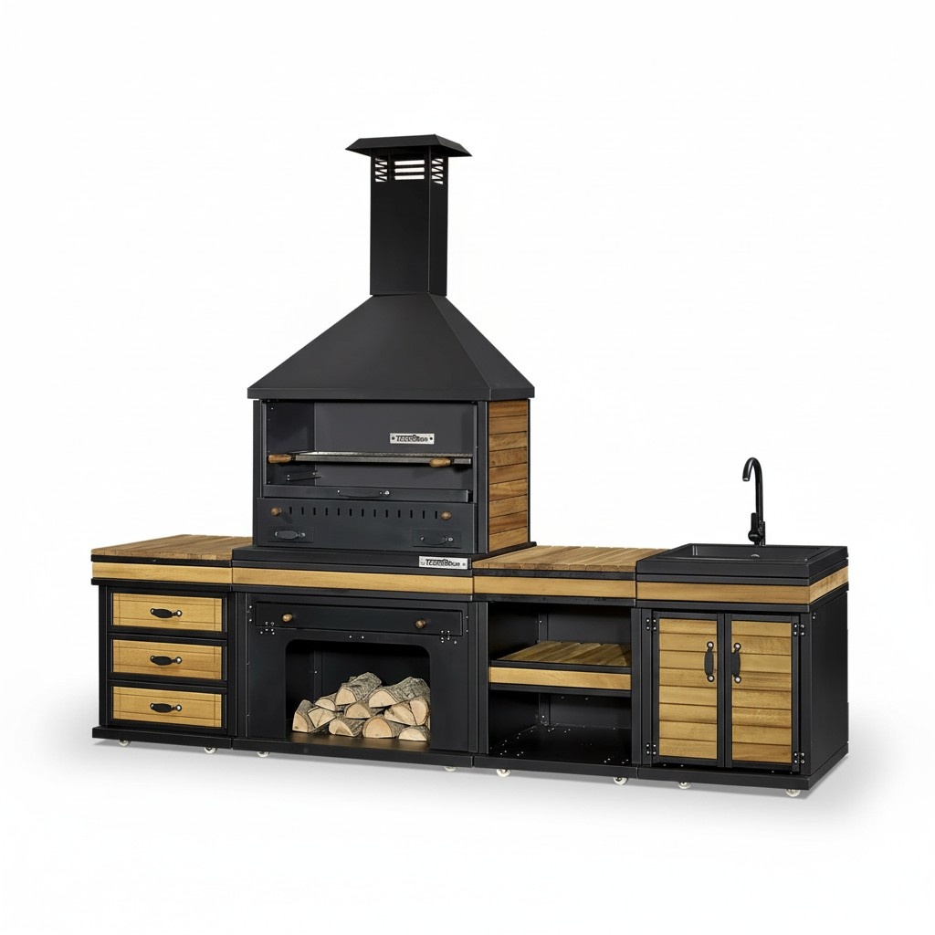 Außenküche in Schwarz Holz Edelstahl modern robust