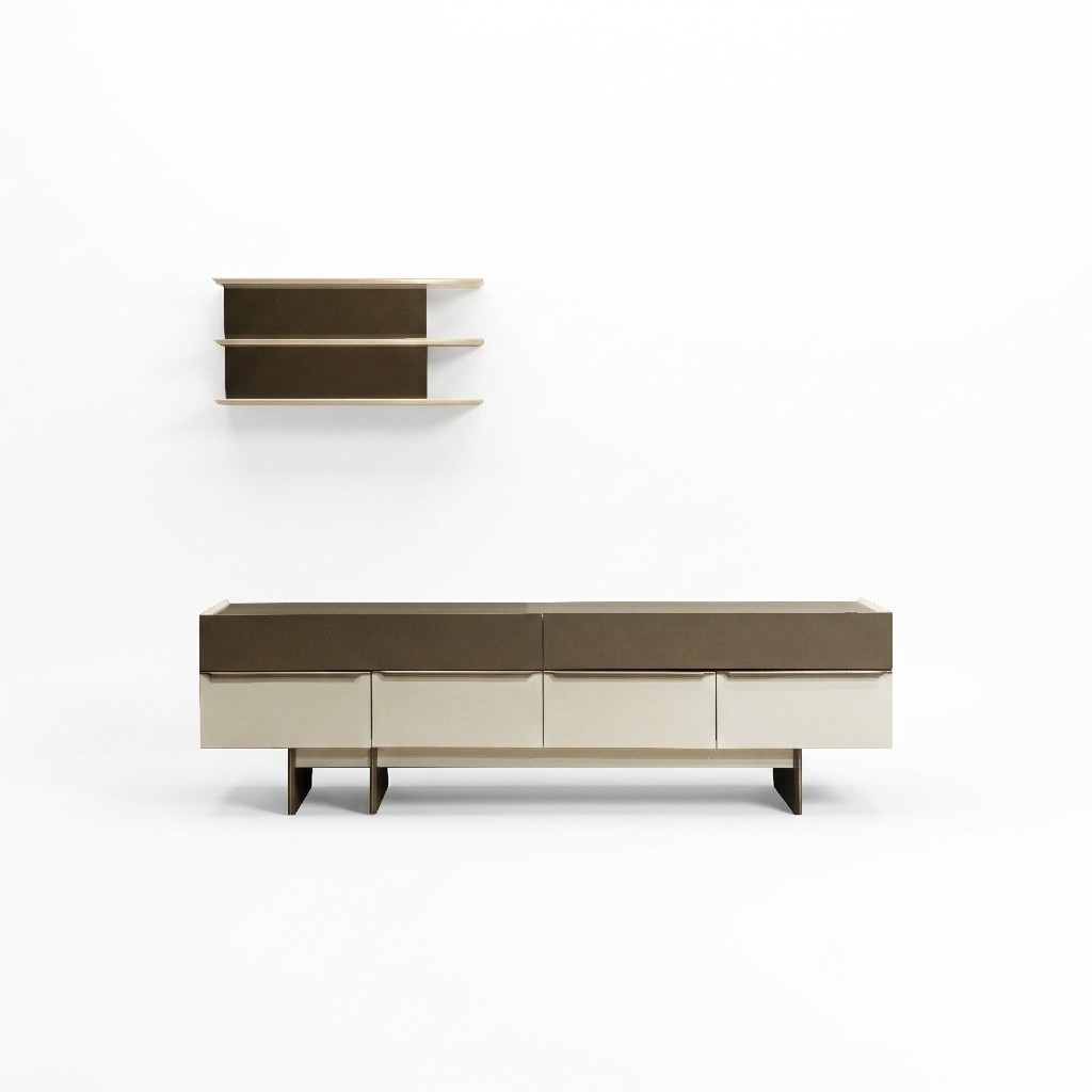 Beige-Braune Wohnzimmer Garnitur Holz Möbel Edles Sideboard Wandregal