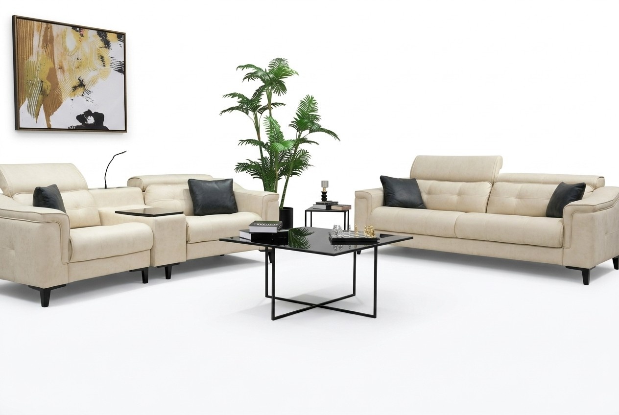 Beige Leder Sofagarnitur Designer 3-Sitzer Zweisitzer Couch 2tlg Set