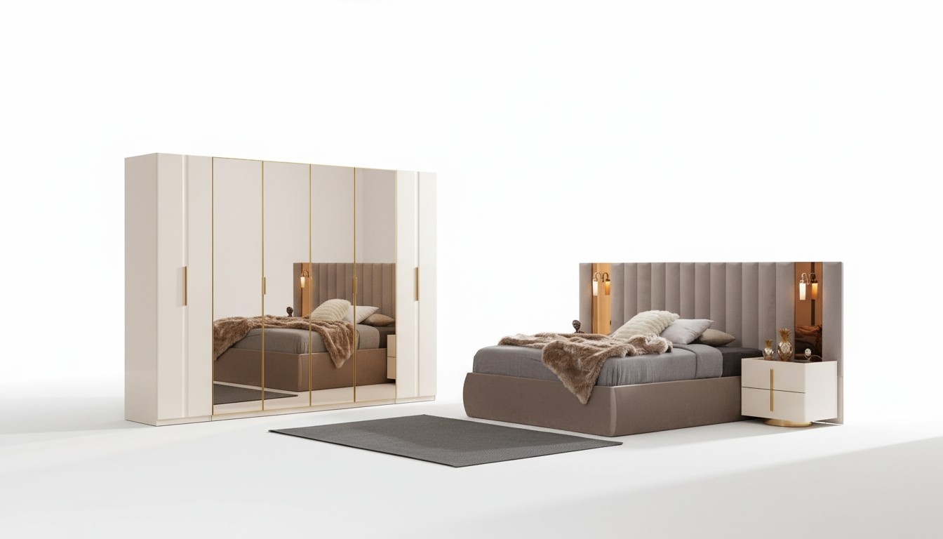 Beige Schlafzimmer Garnitur Designer Bett Kleiderschrank 2x Nachttische