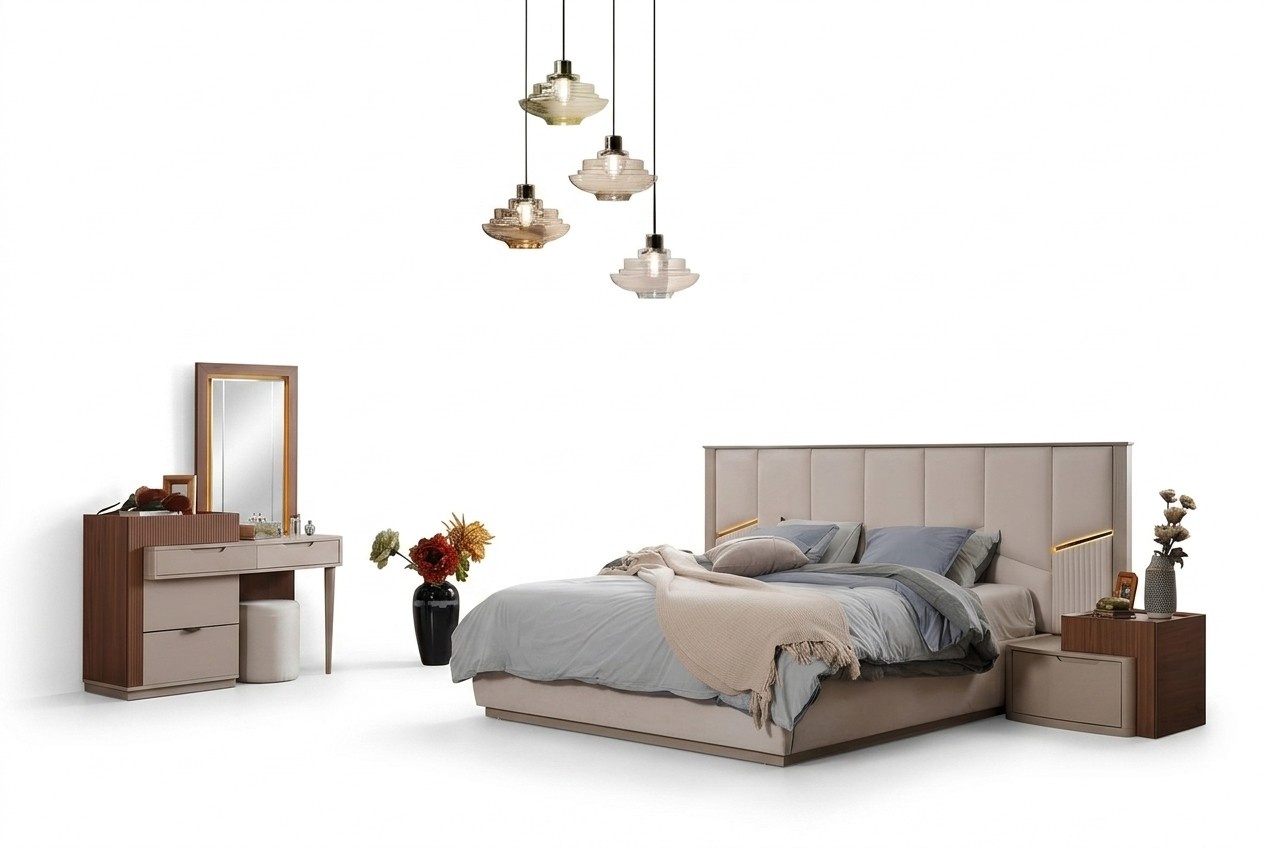 Beige Schlafzimmer Garnitur Luxuriöse Polsterbetten Nachttische Schrank
