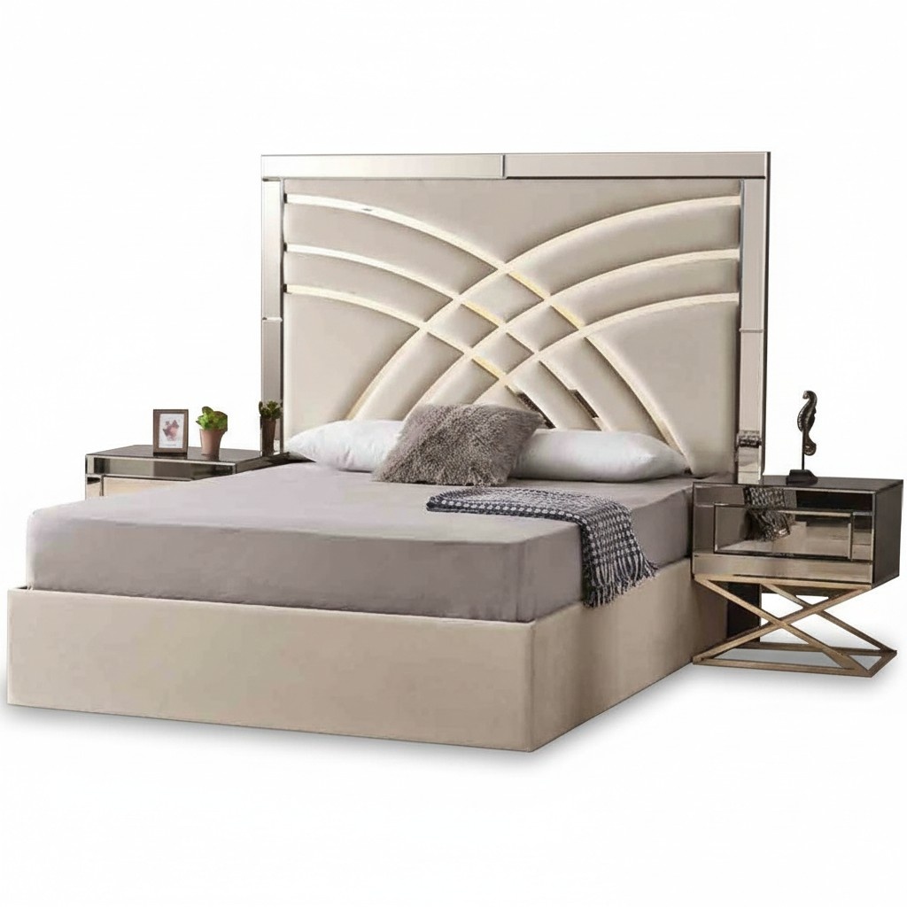 Beige Schlafzimmer Möbel Textilbett Luxuriöse Holz 2x Nachttische 3tlg