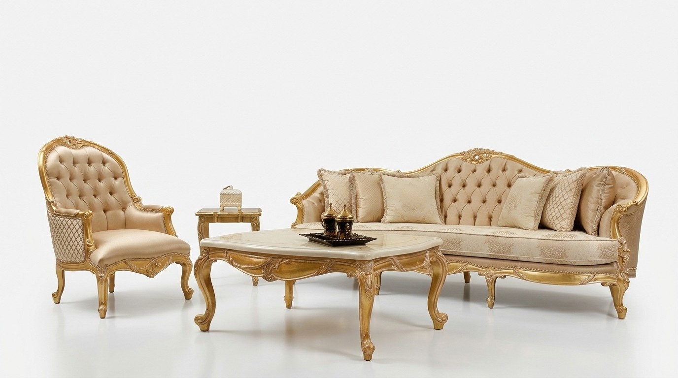 Beige Wohnzimmer Chesterfield Sofagarnitur Klassischer 3-Sitzer Sessel