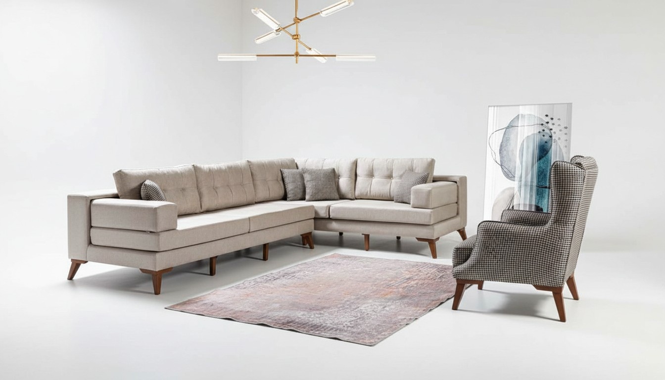 Beige Wohnzimmer Garnitur Designer Ecksofa Luxuriöser Sessel 2tlg Set
