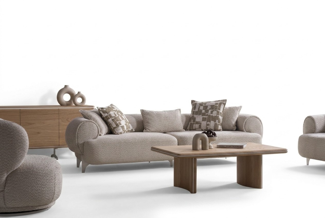 Beige Wohnzimmer Set aus Holz mit Sofa und Couchtisch modern