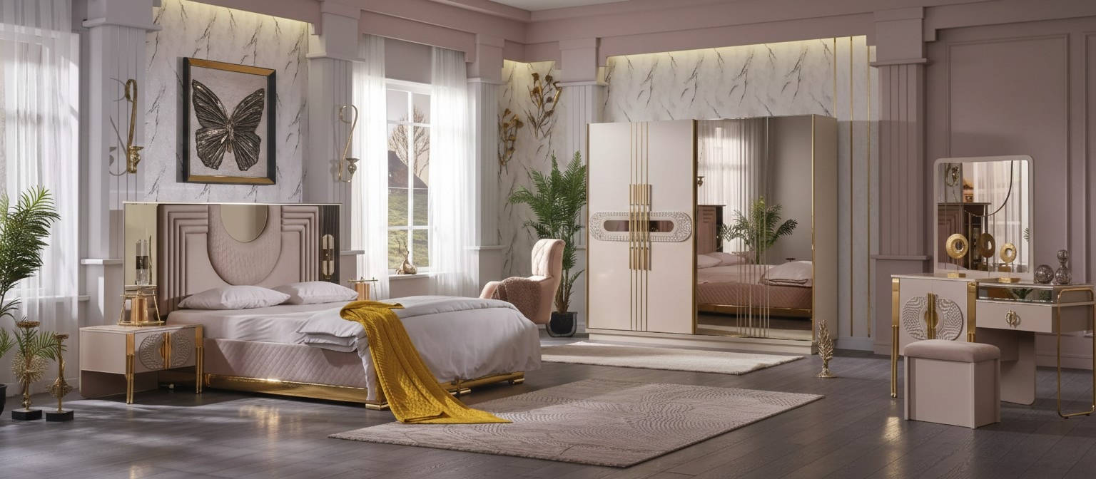Beiges Schlafzimmer Set Bett 2x Nachttische Kleiderschrank Schminktisch