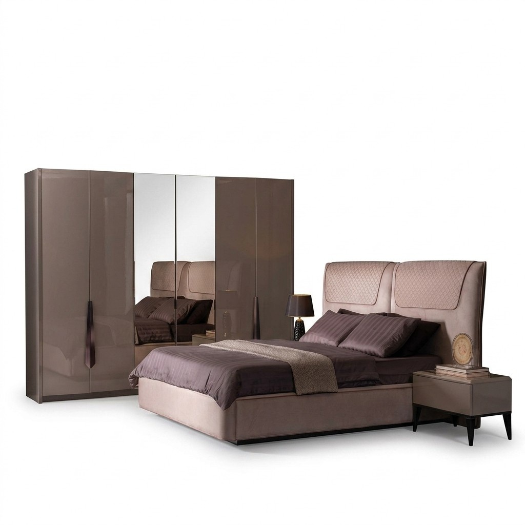 Beiges Schlafzimmermöbel-Set aus Holz mit Bett, Nachttischen