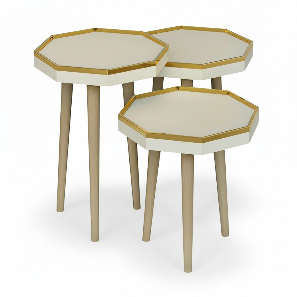 Design Satztisch 3er Set Heptagon Weiß mit Goldrand