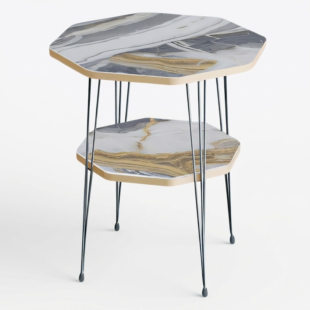 Design Couchtisch Oktagonal mit Hocker Set Goldene Akzente