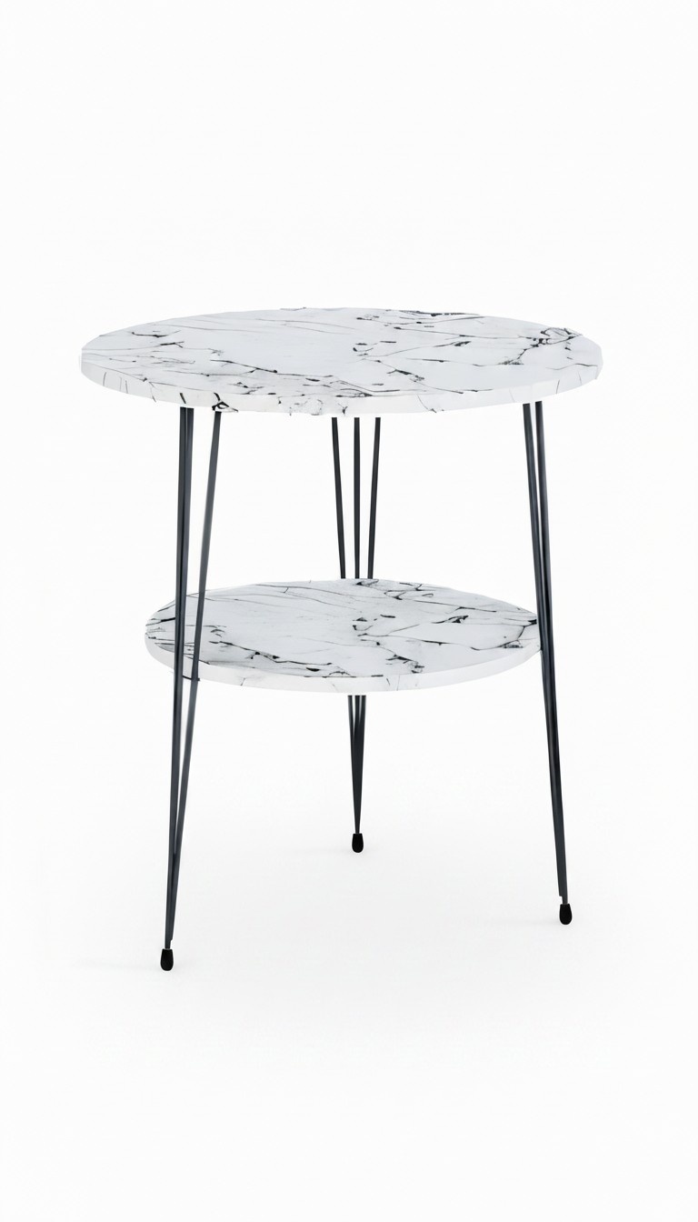 Design Beistelltisch 2-Etagen Marmor-Optik Weiß Rund