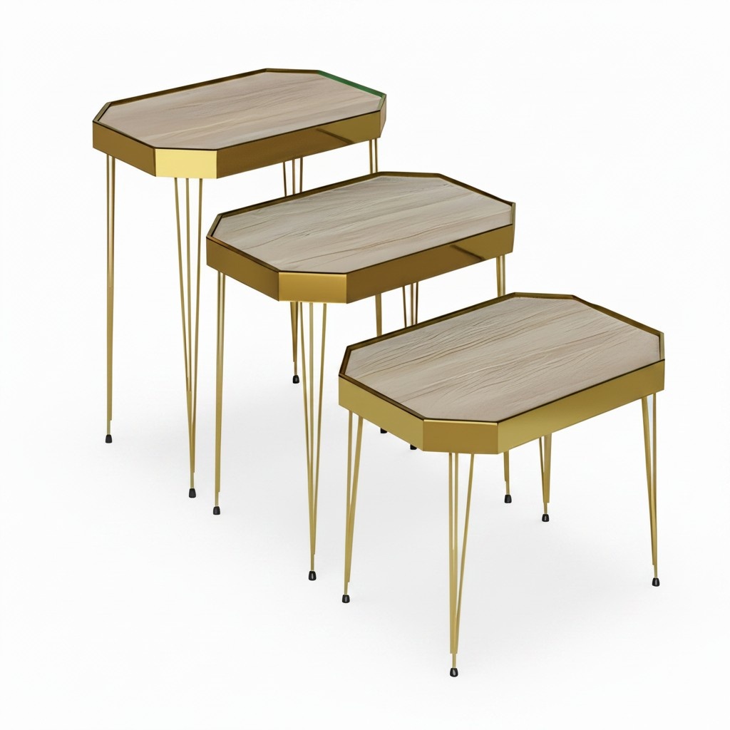 Beistelltisch Set 3 Teile in Holz-Optik mit Goldenen Metallbeinen