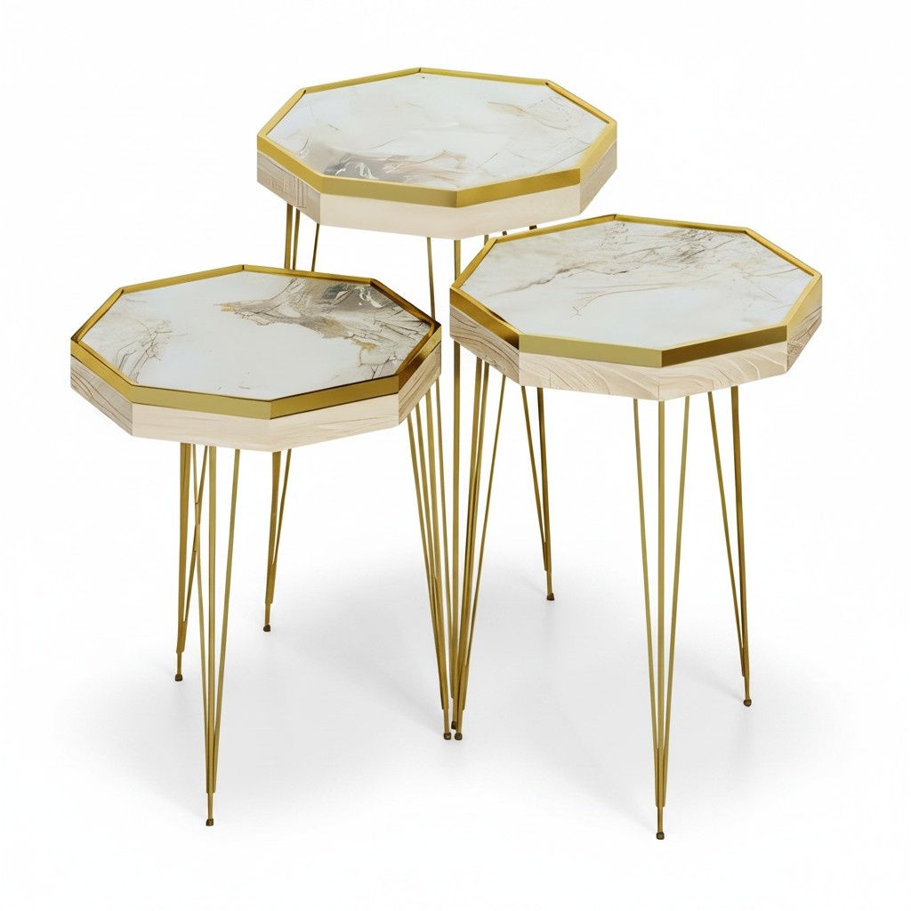 Design Beistelltisch Set mit Goldenen Metallbeinen und Marmor-Optik
