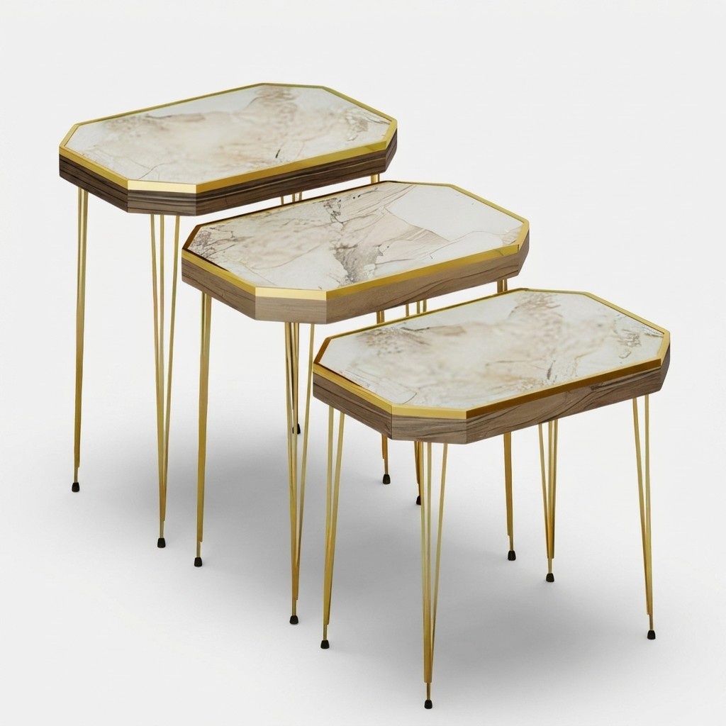 Design Satztisch 3er Set Heptagon Marmor-Optik Hell & Gold