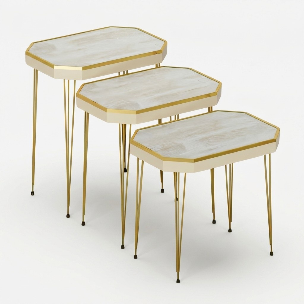 Artikel-Name: Design Beistelltisch Set mit 3 Tischen in Gold und Marmor-Optik