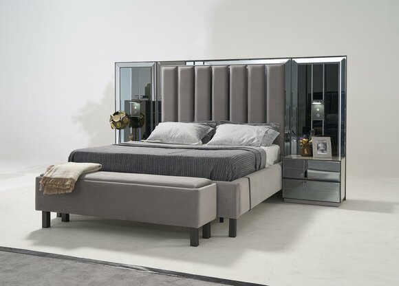 Schlafzimmer Set Bett 2x Nachttisch Hocker Doppel Betten Polster Möbel 4tlg. Neu