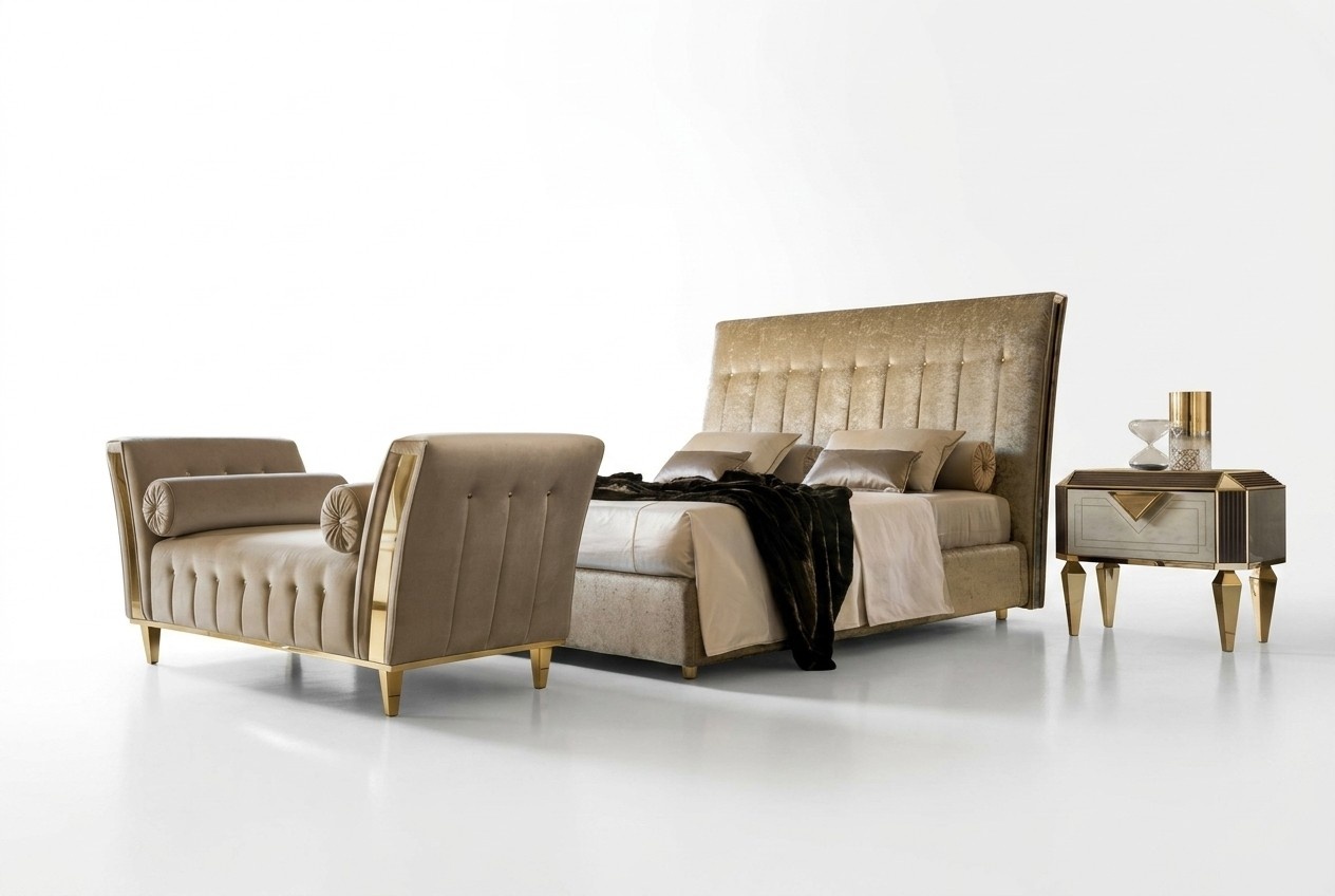 Bett 2x Nachttisch Chaiselounge 4 tlg Schlafzimmer Set Möbel Modern Luxus Betten