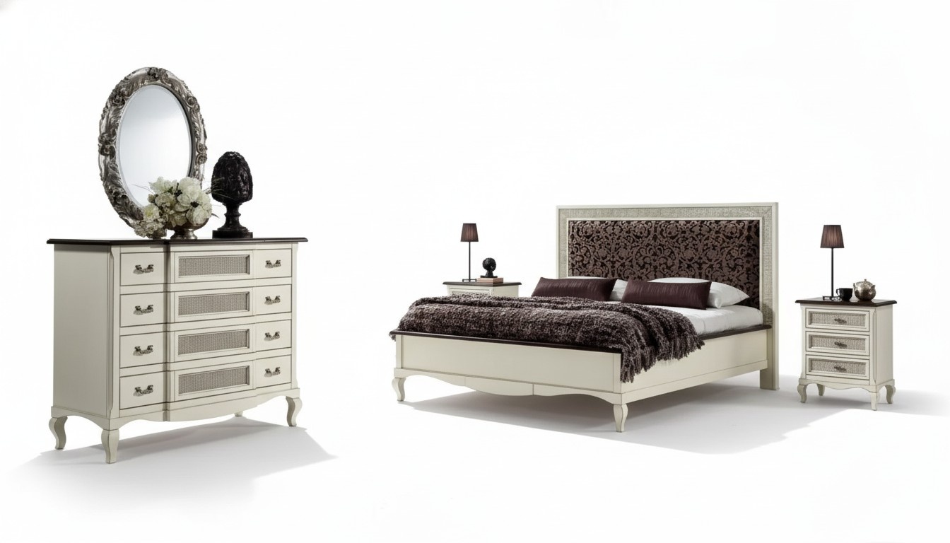 Bett 2x Nachttische 5tlg. Italienische Möbel Schlafzimmer Kommode Holz