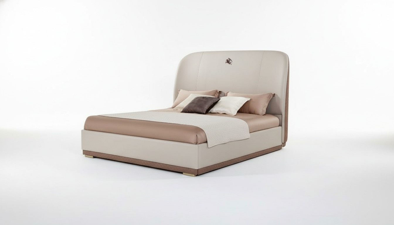 Bett Beige Leder Holz Schlafzimmer Lederbett Modern Design Möbel Luxus Doppel