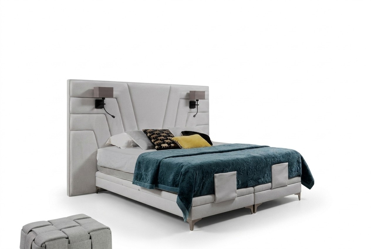 Bett Betten Doppelbett Schlafzimmer Leder Polster Textil Hotel + Lampen