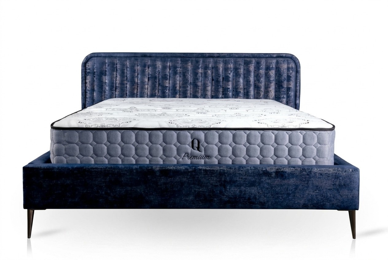 Bett Blau Doppelbett Schlafzimmer Holz Möbel Design Elegantes Polster Stoff Neu