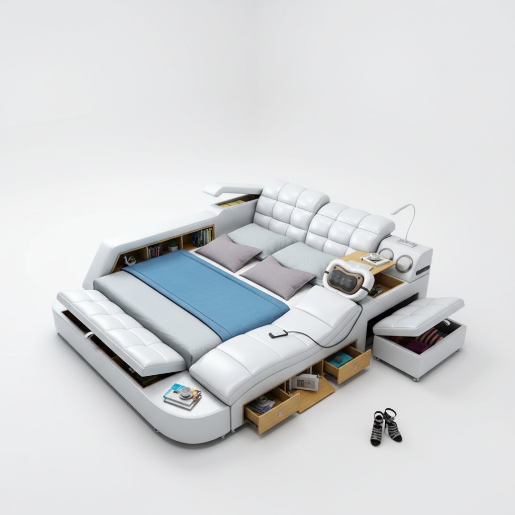 Bett Doppel Regale Leder Polster Betten Multifunktion mit Massagefunktion