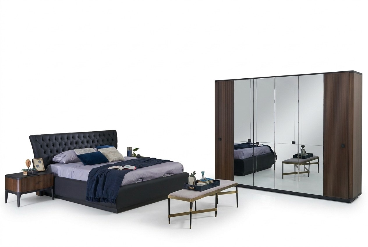Bett Garnitur Doppelbett Schlafzimmer Set 4tlg Bettrahmen Schwarz Neu