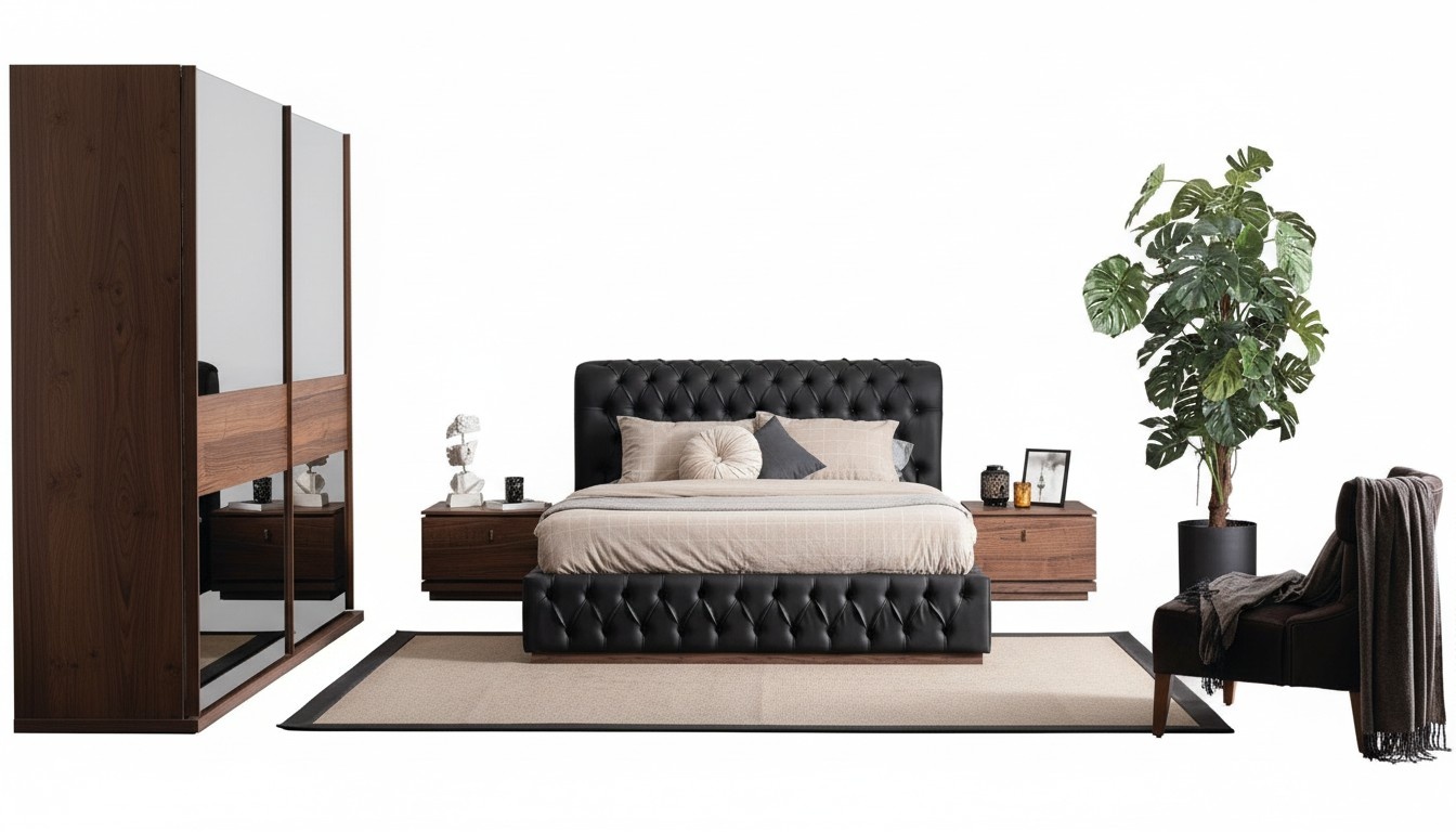 Bett Kleiderschrank 2x Nachttisch Luxus Schlafzimmer Polster Design