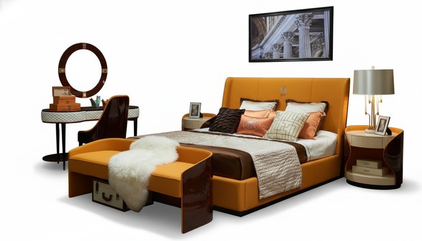 Bett Nachttisch Hocker 4 tlg. Schlafzimmer Set Design Modern Luxus Betten Neu